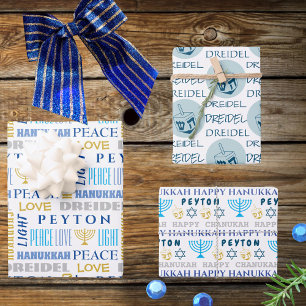 Feuille De Papier Cadeau Joyeux Hanoukka Bleu Blancs Nom de la typographie