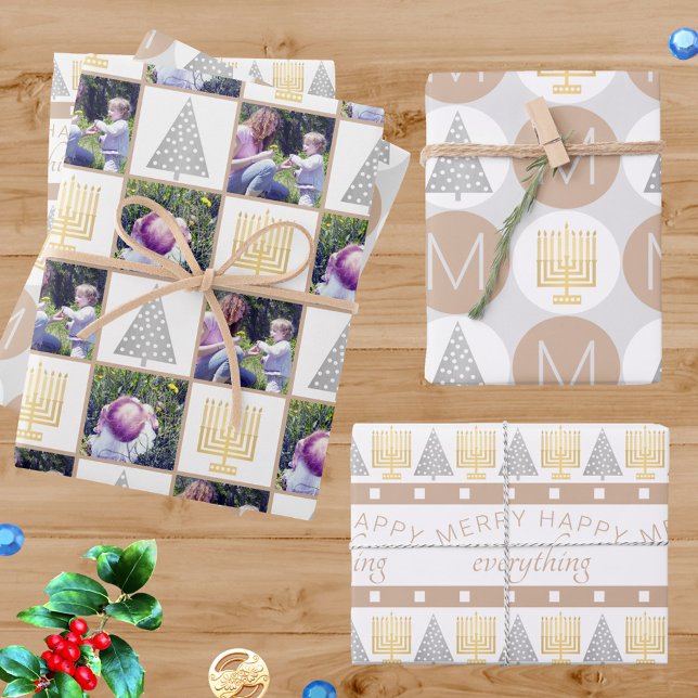 Feuille De Papier Cadeau Joyeux Happy Tan Holiday Photo Mignonne Monogram (Add your photos and monogram to this neutral holiday wrapping paper perfect for interfaith families)