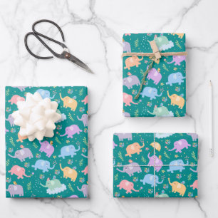 Feuille De Papier Cadeau Joyeux Jardin des éléphants avec Parapluies Fleurs