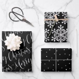 Feuille De Papier Cadeau Joyeux jeu de flocons de Noël noir et blanc