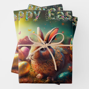 Feuille De Papier Cadeau Joyeux lapin de Pâques avec oeufs de Pâques