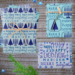 Feuille De Papier Cadeau Joyeux Marine Interconfessionnel Tout Ajouter Nom<br><div class="desc">Ajoutez cet assortiment de feuilles d'emballage cadeau MERRY HAPPY TOUT personnalisé avec le nom de votre enfant et un thème de conception typographique de fontes mélangées bleu foncé et Menorahs bleu marine et arbres de Noël à votre un d'une célébration personnalisée Hanoukka, Noël ou interconfessionnel Chrismukkah. Papier à envelopper La...</div>