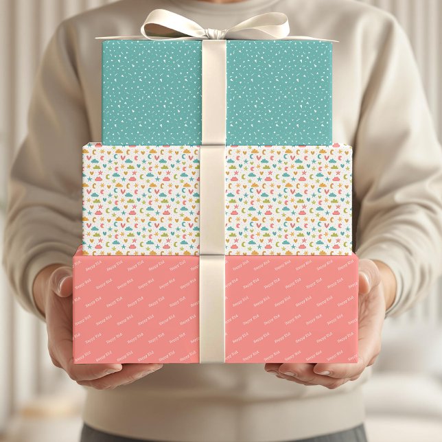 Feuille De Papier Cadeau Joyeux Motif Eid Kids Blue Pink Moon Star (Créateur téléchargé)