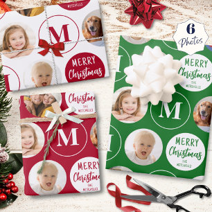 Feuille De Papier Cadeau Joyeux Noël 6 Photos Monogramme Rouge Vert