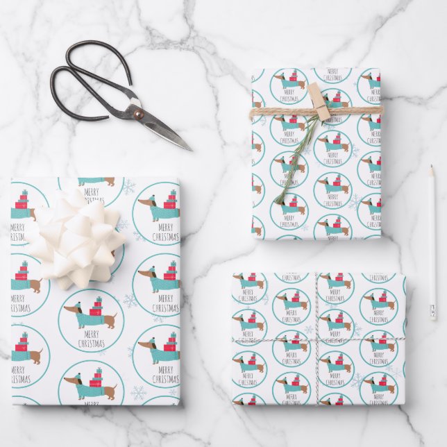 Feuille De Papier Cadeau Joyeux Noël au dachshund mignon (Recto)