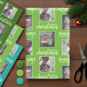 Feuille De Papier Cadeau Joyeux Noël avec 2 photos Carrés - bleu vert