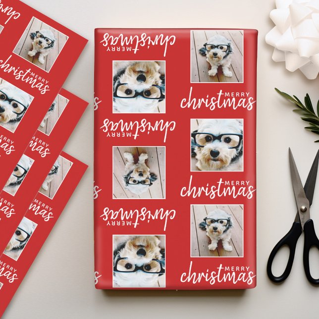 Feuille De Papier Cadeau Joyeux Noël avec deux photos Carrés rouge (Personalized Photo Wrapping Paper)