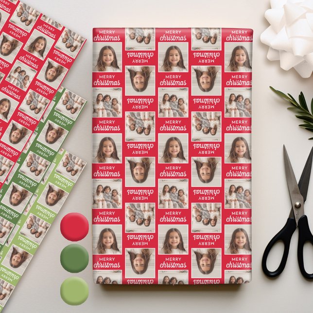 Feuille De Papier Cadeau Joyeux Noël avec deux photos Carrés - vert rouge (Personalized Photo Wrapping Paper)