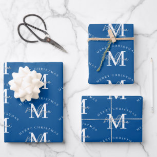Feuille De Papier Cadeau Joyeux Noël bleu blanc monogramme