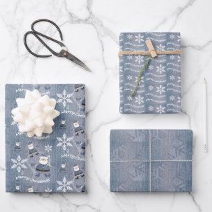 Feuille De Papier Cadeau Joyeux Noël bleu Denim Jeans Motif