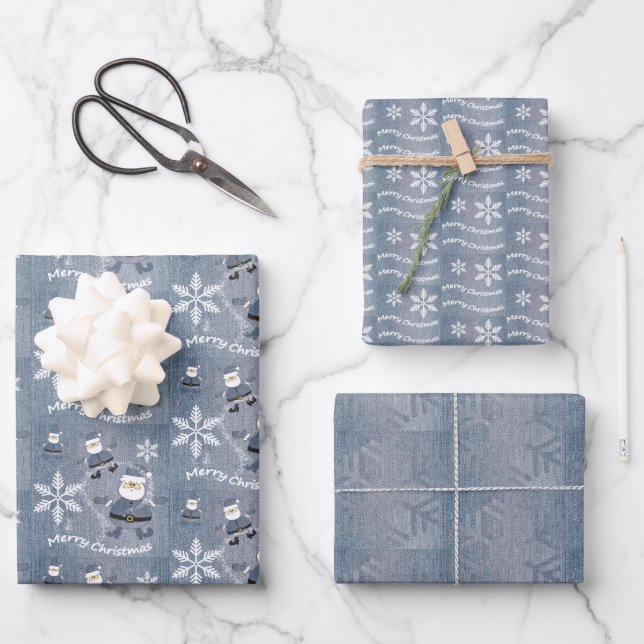 Feuille De Papier Cadeau Joyeux Noël bleu Denim Jeans Motif (Recto)