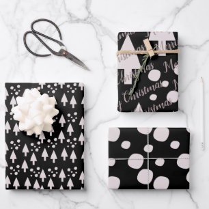 Feuille De Papier Cadeau Joyeux Noël Boules de Neige Arbres Noir Rose Motif