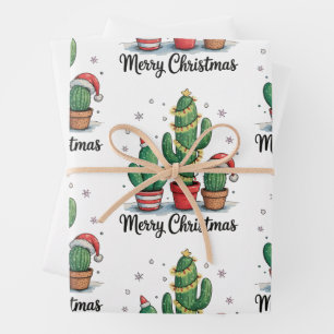 Feuille De Papier Cadeau Joyeux Noël Cactus Arbre Festif Xmas Lumières