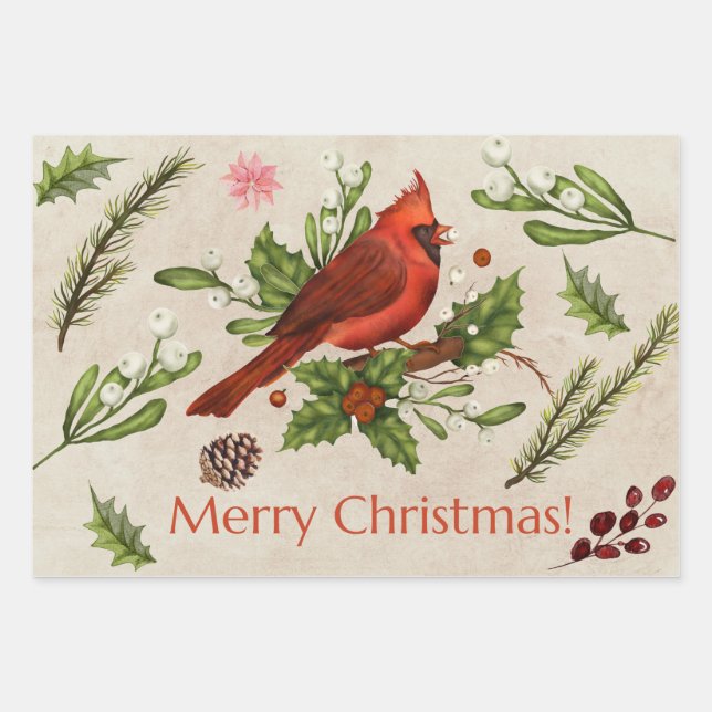 Feuille De Papier Cadeau Joyeux Noël Cardinal Rouge  (Devant)
