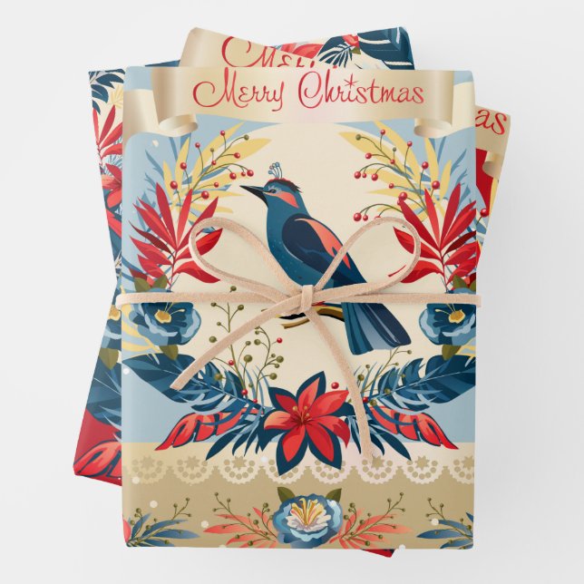 Feuille De Papier Cadeau Joyeux Noël et Bonne Année ! Oiseau bleu 2026 (En situation)