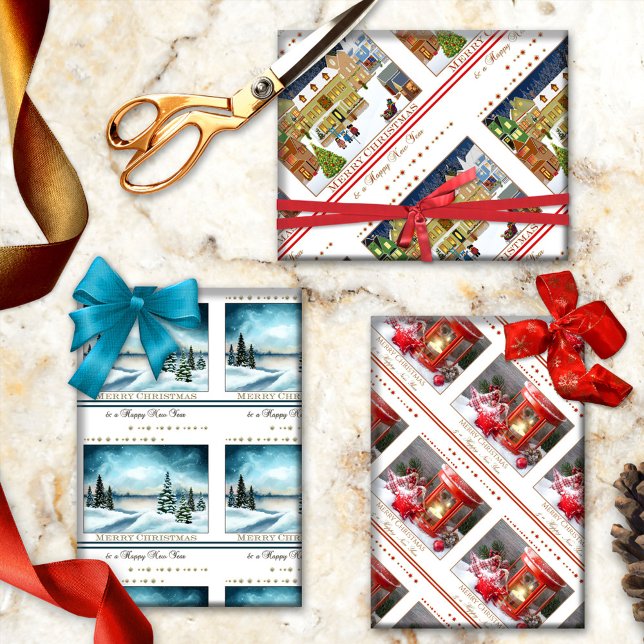 Feuille De Papier Cadeau Joyeux Noël et une bonne année (Festive Christmas and New Year wrapping paper sheets featuring colorful holiday designs)