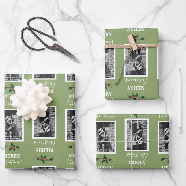 Feuille De Papier Cadeau Joyeux Noël Festif Customisé Photo - Vert (Recto)