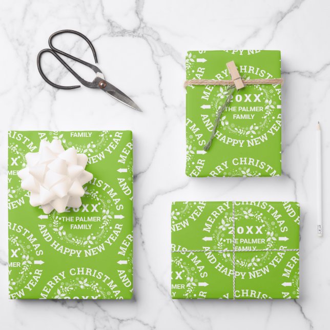 Feuille De Papier Cadeau Joyeux Noël fleuri vert citron vert (Recto)