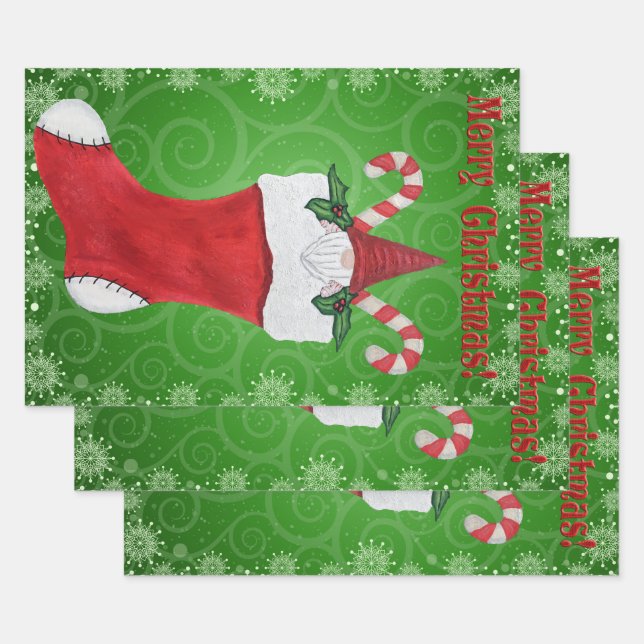 Feuille De Papier Cadeau Joyeux Noël Gnome Rouge Noël Stocker Swirl (Lot)