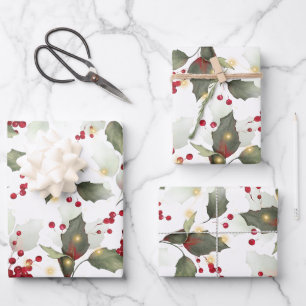 Feuille De Papier Cadeau Joyeux Noël Houx Rouge Baies Lumières Dorées