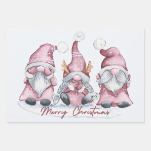 Feuille De Papier Cadeau Joyeux Noël Mignonne Aquarelle Gnomes de vacances