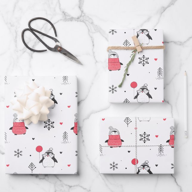 Feuille De Papier Cadeau Joyeux Noël mignonne Happy Penguin en blanc Casque (Recto)