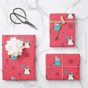 Feuille De Papier Cadeau Joyeux Noël mignonne Happy Penguin en rouge Casque