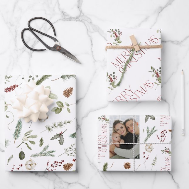 Feuille De Papier Cadeau Joyeux Noël moderne Photo Vacances vertes (Recto)