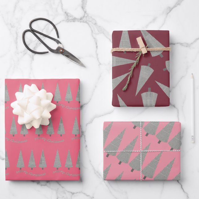 Feuille De Papier Cadeau Joyeux Noël Motif de l'arbre Houndstooth (Recto)