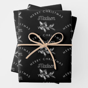 Feuille De Papier Cadeau Joyeux Noël noir rétro personnaliséMonogramme