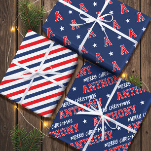Feuille De Papier Cadeau Joyeux Noël Nom Monogramme Marine Ado rouge garçon