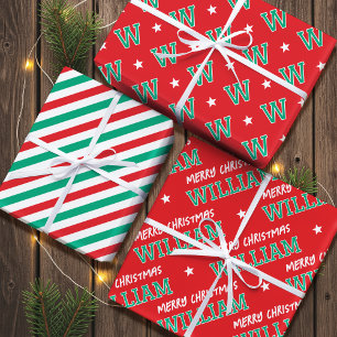 Feuille De Papier Cadeau Joyeux Noël Nom Monogramme Rouge Vert Enfants