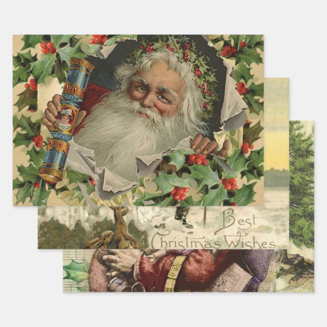 Feuille De Papier Cadeau Joyeux Noël Père Noël classique antique (Lot)