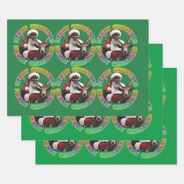 Feuille De Papier Cadeau Joyeux Noël Père Noël équitation Reindeer Rouge Ve (Lot)