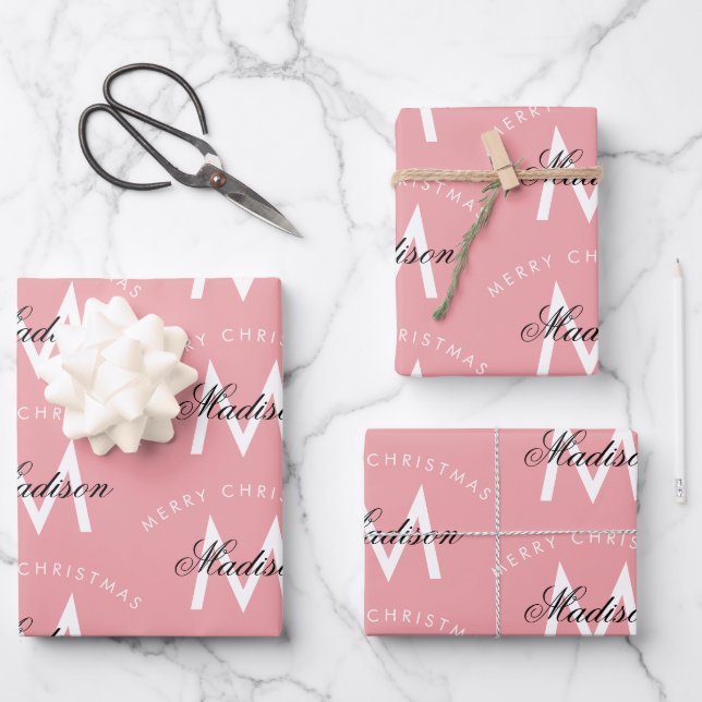 Feuille De Papier Cadeau Joyeux Noël personnalisé Blush Pink Monogramme (Recto)