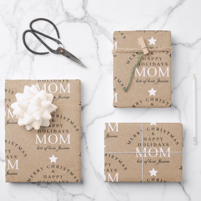 Feuille De Papier Cadeau Joyeux Noël Personnalisé Kraft Monogramme À Maman (Recto)