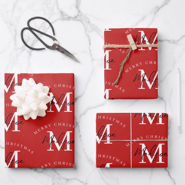 Feuille De Papier Cadeau Joyeux Noël personnalisé Monogramme rouge (Recto)
