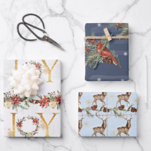 Feuille De Papier Cadeau Joyeux Noël Renne Neige Poinsettia Joie Or