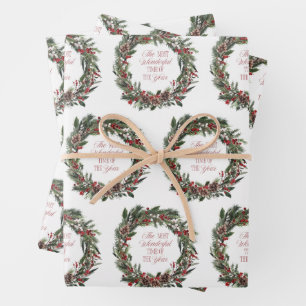 Feuille De Papier Cadeau Joyeux Noël Rouge Berry Botanique moderne Wreath