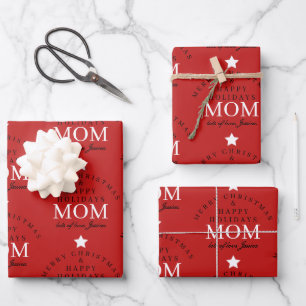 Feuille De Papier Cadeau Joyeux Noël Rouge Monogramme Personnalisé À Maman