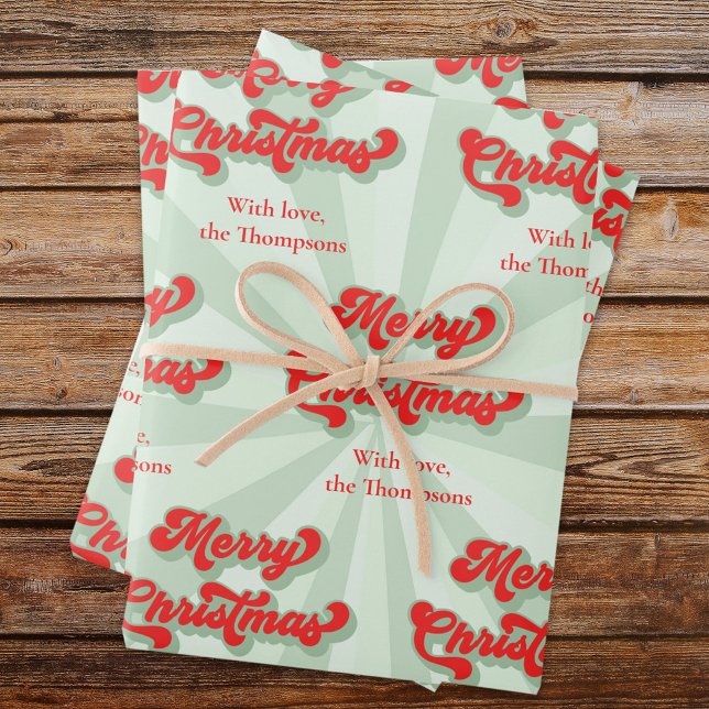 Feuille De Papier Cadeau Joyeux Noël Rouge Vert Whimsical Retro Personnalis (Bold retro styles typography red Merry Christmas Wrapping Paper)