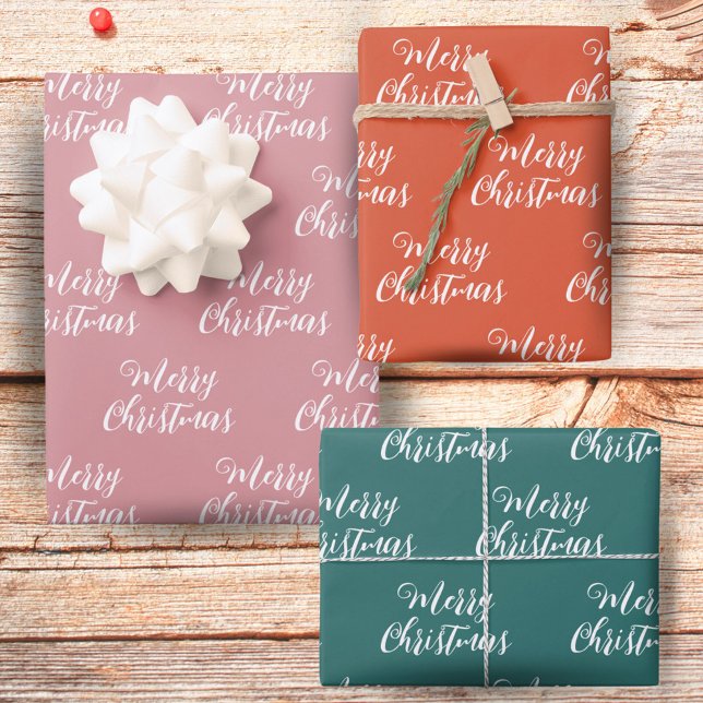 Feuille De Papier Cadeau Joyeux Noël Script Motif vert rose orange (Créateur téléchargé)