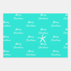 Feuille De Papier Cadeau Joyeux Noël Starfish Motifs Turquoise Bleu Vert