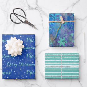 Feuille De Papier Cadeau Joyeux Noël Turquoise Hiver Bleu
