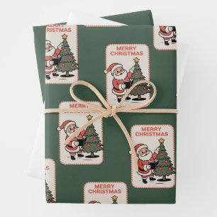 Feuille De Papier Cadeau Joyeux Noël Vintage Santa Lisant Fête
