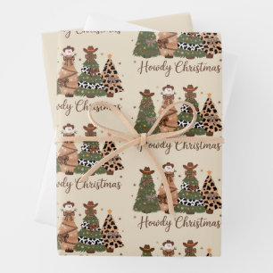 Feuille De Papier Cadeau Joyeux Noël Western Rétro Arbre Cowboy Cowgirl
