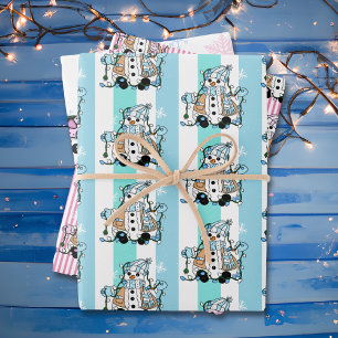 Feuille De Papier Cadeau Joyeux Noël Whimsical Pink Blue Snowmen