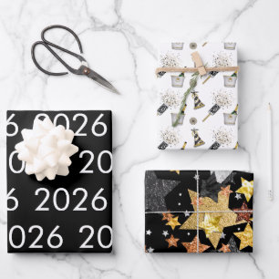 Feuille De Papier Cadeau Joyeux Nouvel An 2026 Black White Gold Confetti