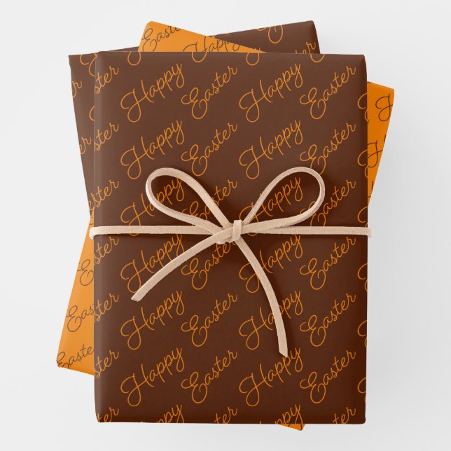 Feuille De Papier Cadeau Joyeux Pâques Script Orange et Marron (En situation)