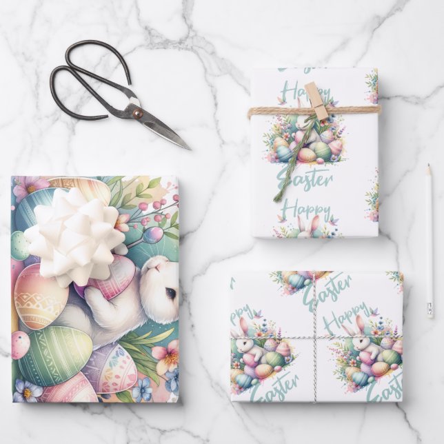 Feuille De Papier Cadeau Joyeux pastel de Pâques Easter Bunny Egg aquarelle (Recto)